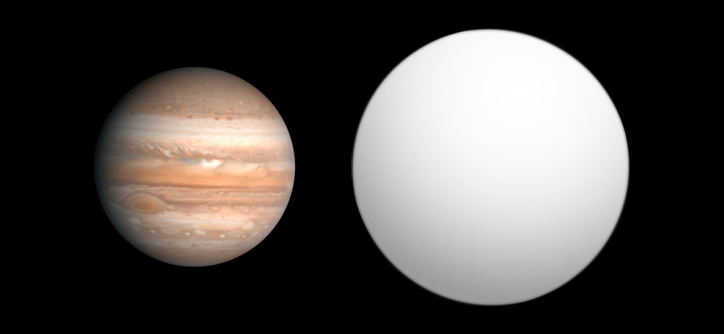 Συγκριτική απεικόνιση του HD 209458 b (δεξιά) με τον Δία (αριστερά) - Σύνθεση εικόνων από τον χρήστη Aldaron