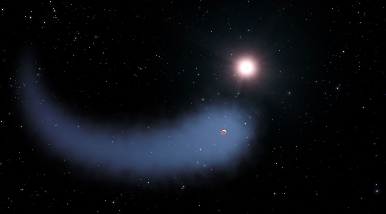 Καλλιτεχνική απεικόνιση του εξωπλανήτη Gliese 436b, που έχει το μέγεθος του Ποσειδώνα αλλά  αφήνει πίσω του ένα νέφος υδρογόνου 