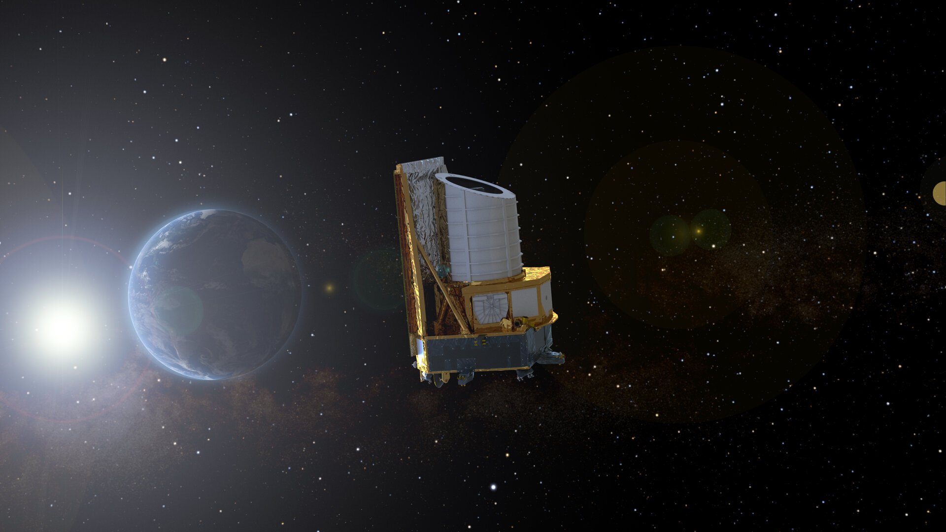 Καλλιτεχνική απεικόνμιση, που δείχνει τον Ευκλείδη να φεύγει από τη Γη και να πηγαίνει προς το σημείο Lagrange Ήλιος-Γη L2. 