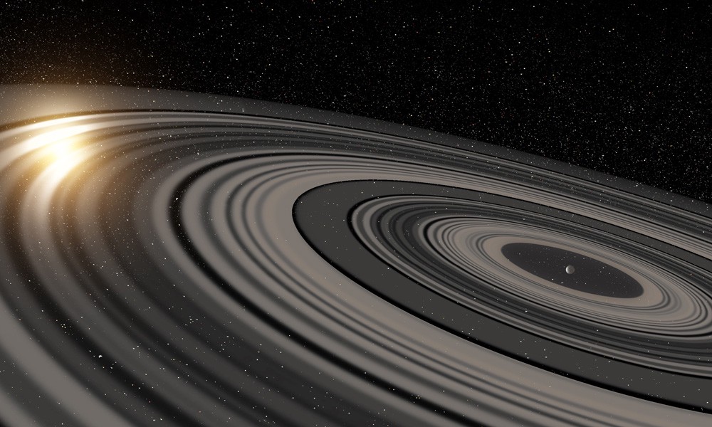 Καλλιτεχνική απεικόνιση των γιγαντιαίων δαχτυλιδιών του εξωπλανήτη J1407b. Πηγή Rochester