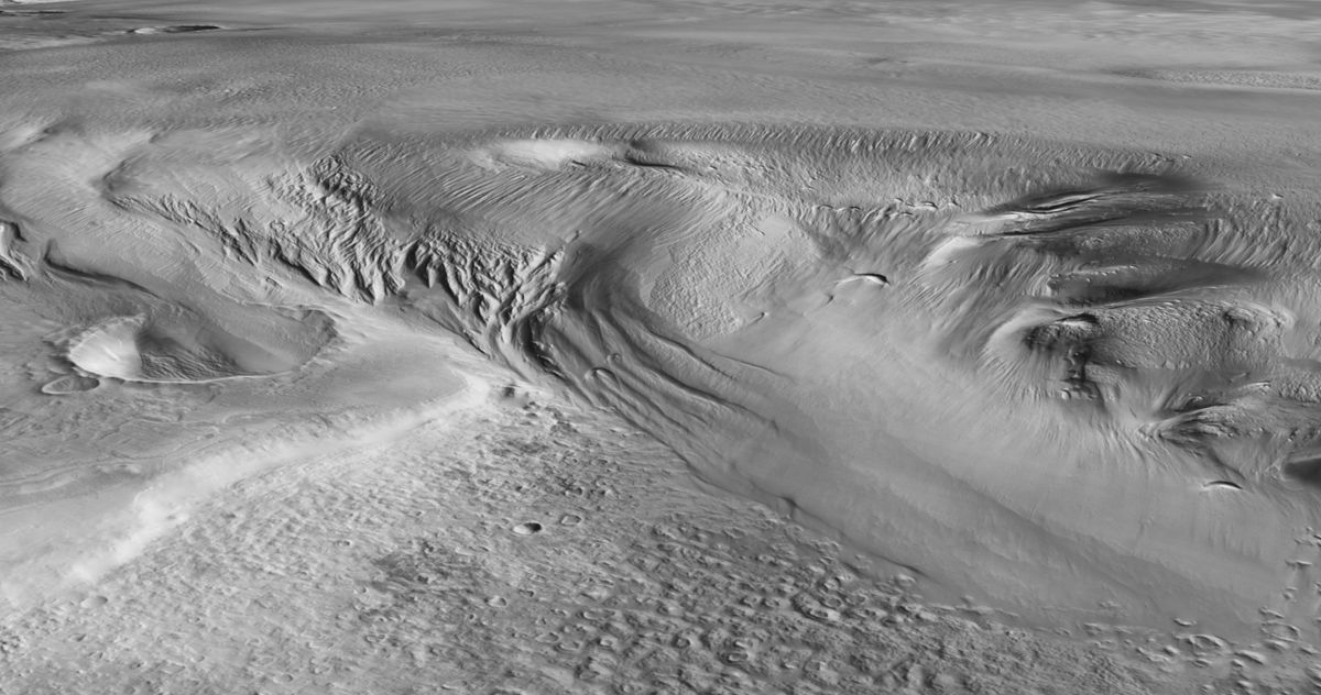 Αυτή η προοπτική όψη δείχνει το Eumenides Dorsum, μέρος του σχηματισμού Medusae Fossae (MFF) του Άρη